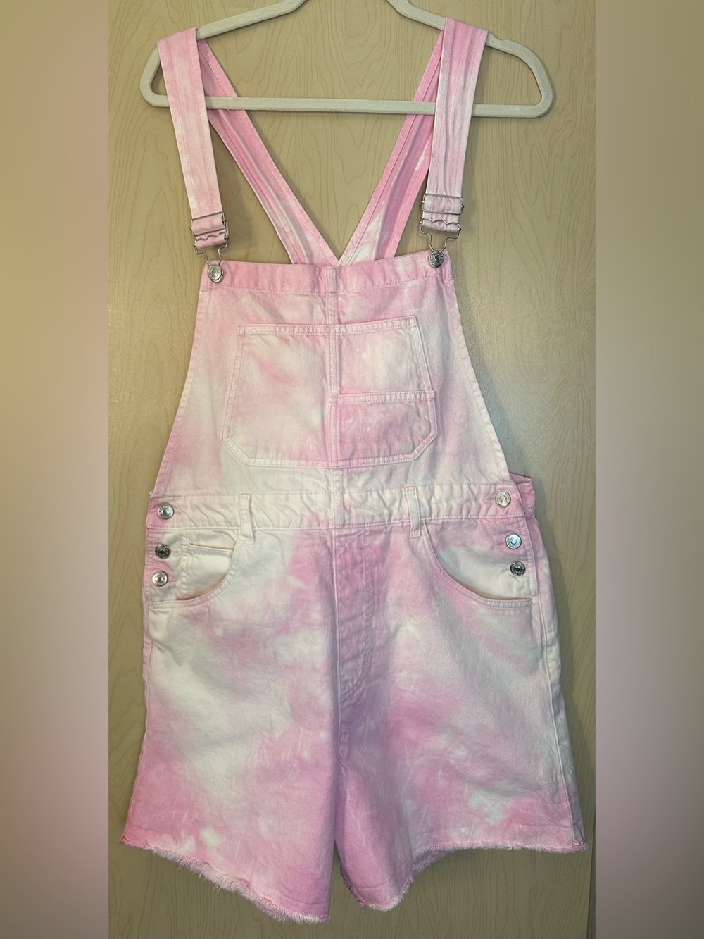 We The Free Pink Tie Dye/ Bleach Wash  Overall Denim Shorts - Picture 3 of 7
